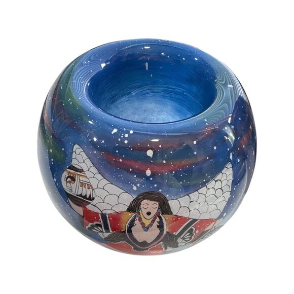 Hand Blown and Painted Glass Lawrence Vargas Native American Angel Votive Bowl - Picture 3 of 10